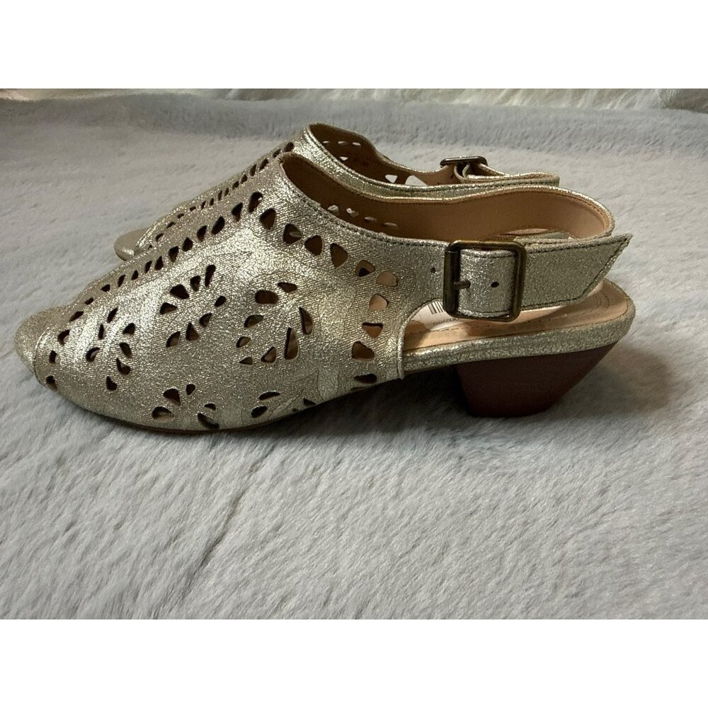 Nurture Shimmer Taupe Leather Cut Out Sandals Heels Side Zipper Open Toe
